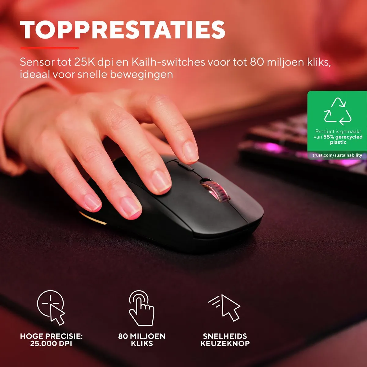 Trust GXT 927 Redex+ Draadloze Gaming Muis 25600 DPI - Zwart