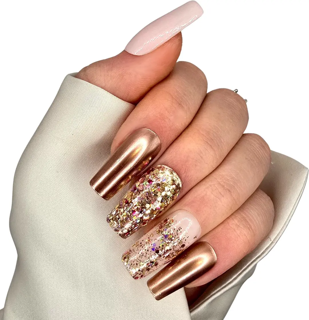 SD Press on Nails Copper Magic Nagelset - 20 Stuks - Rose Gold Glitter