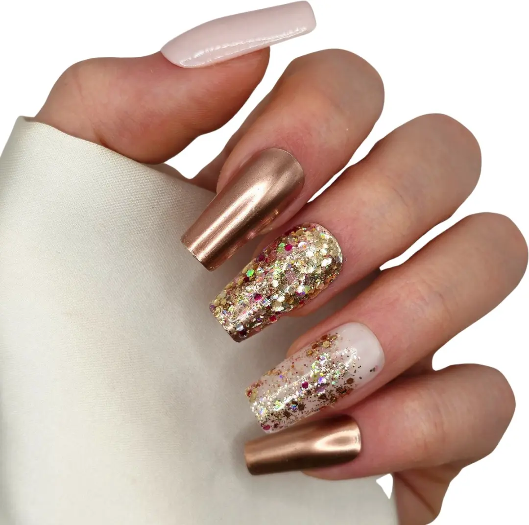 SD Press on Nails Copper Magic Nagelset - 20 Stuks - Rose Gold Glitter