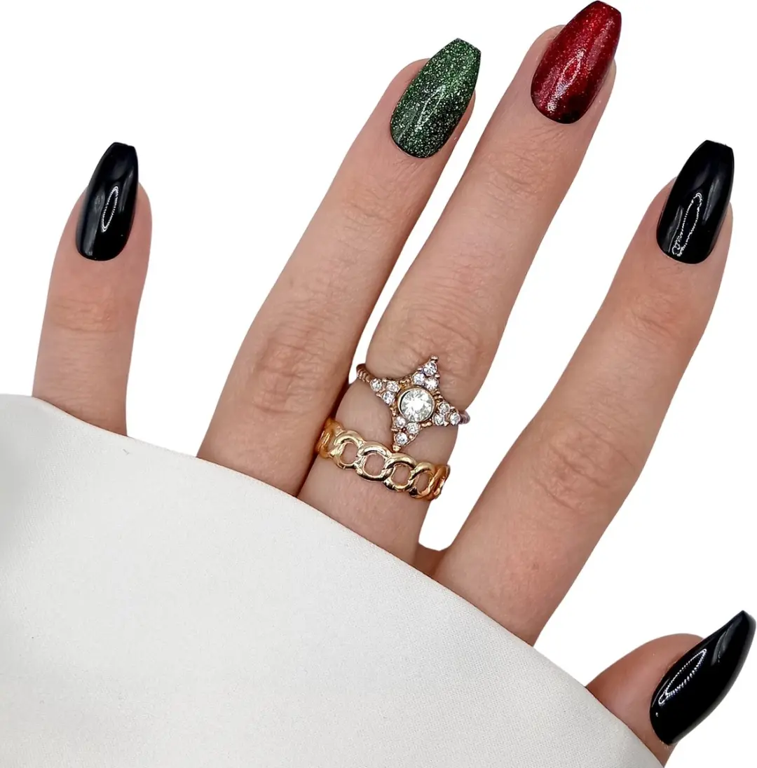 SD Press on Nails B-184 Plaknagels - Medium Coffin Ballerina - 20 Stuks - Zwart/Rood/Groen