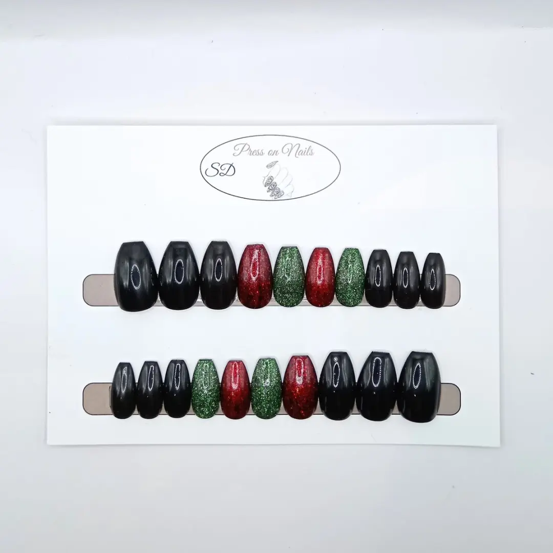SD Press on Nails B-184 Plaknagels - Medium Coffin Ballerina - 20 Stuks - Zwart/Rood/Groen