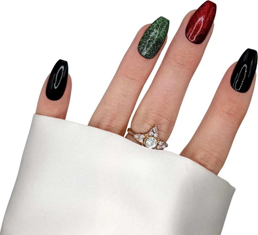 SD Press on Nails B-184 Plaknagels - Medium Coffin Ballerina - 20 Stuks - Zwart/Rood/Groen