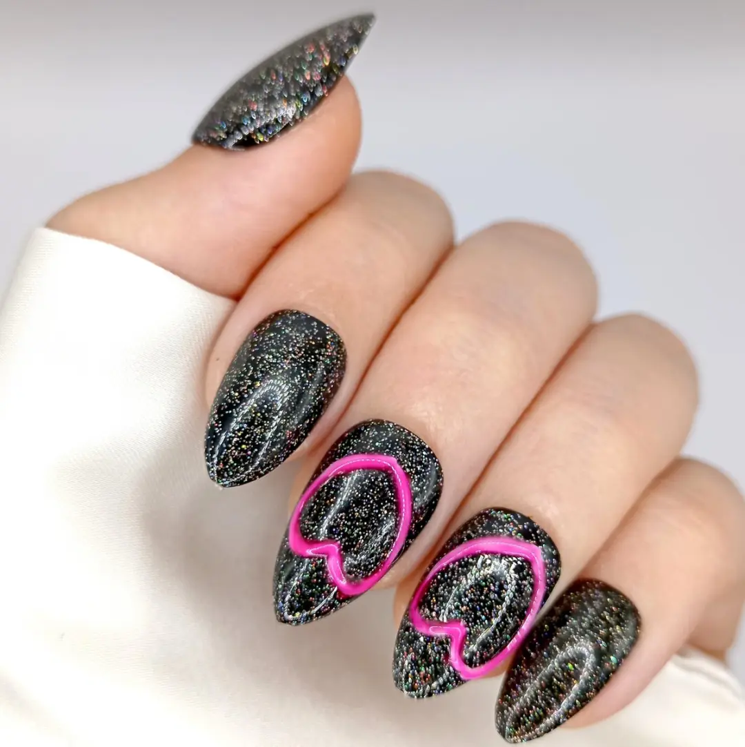SD Press on Nails No. 44 Electric Heart M - Zwart Glitter Neon Hartje - 20 Stuks
