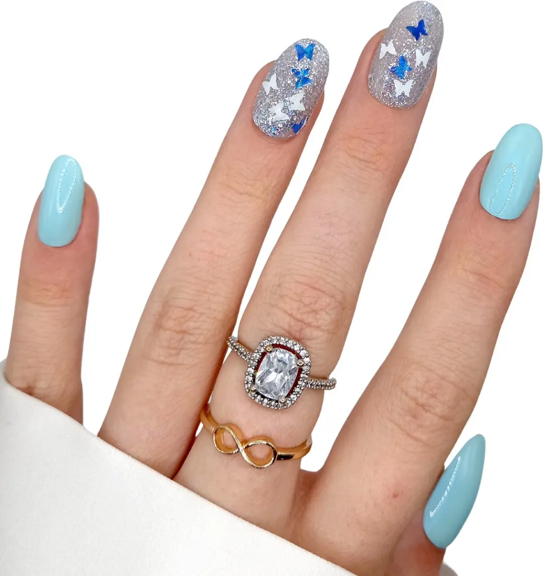 SD Press on Nails B-15 Plaknagels Blauw Zilver Vlinder - 20 Stuks