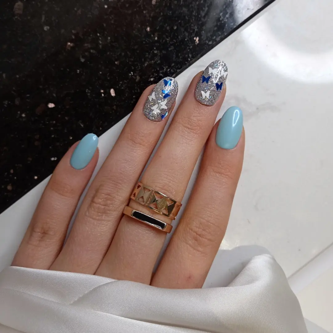 SD Press on Nails B-15 Plaknagels Blauw Zilver Vlinder - 20 Stuks