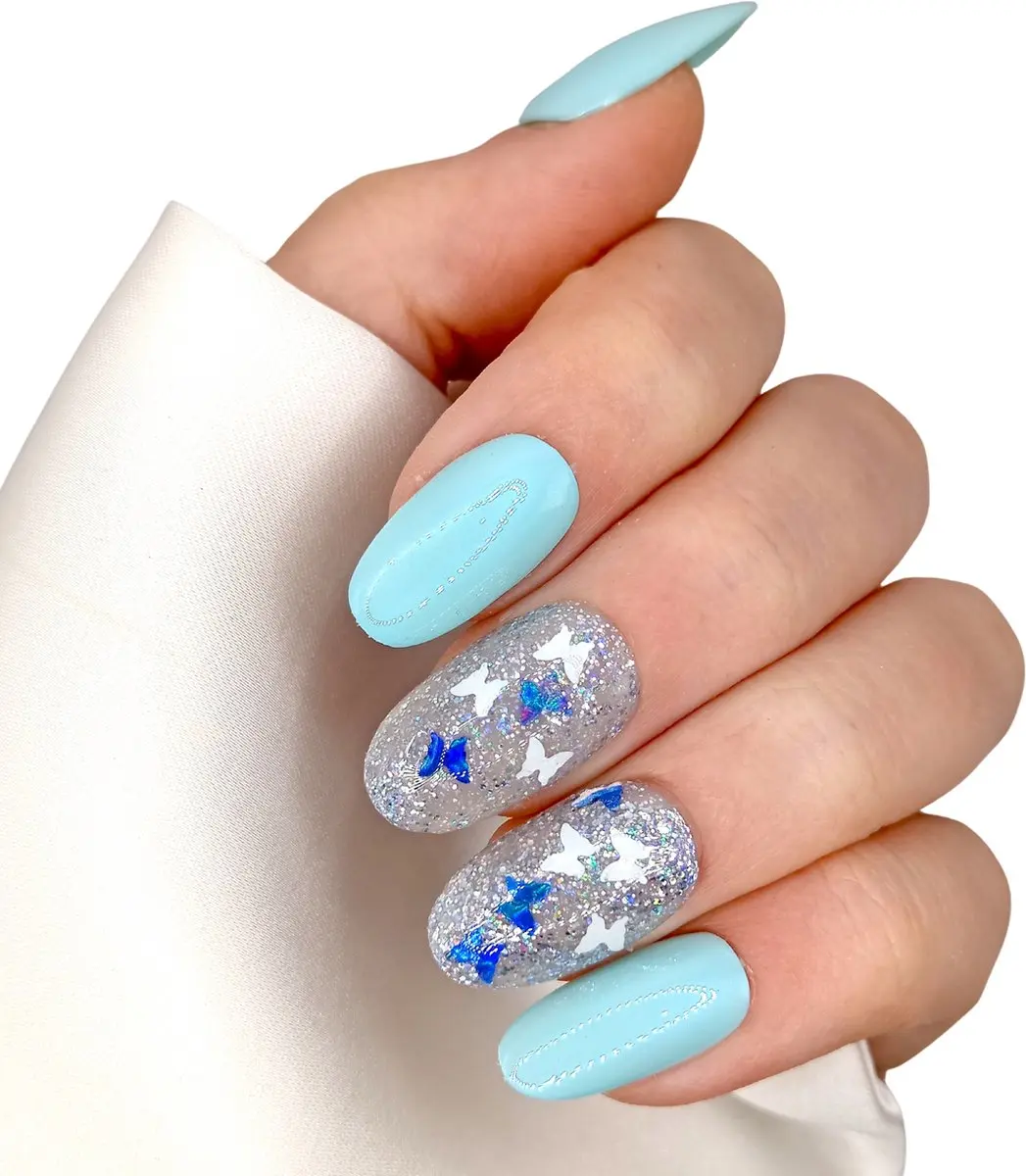 SD Press on Nails B-15 Plaknagels Blauw Zilver Vlinder