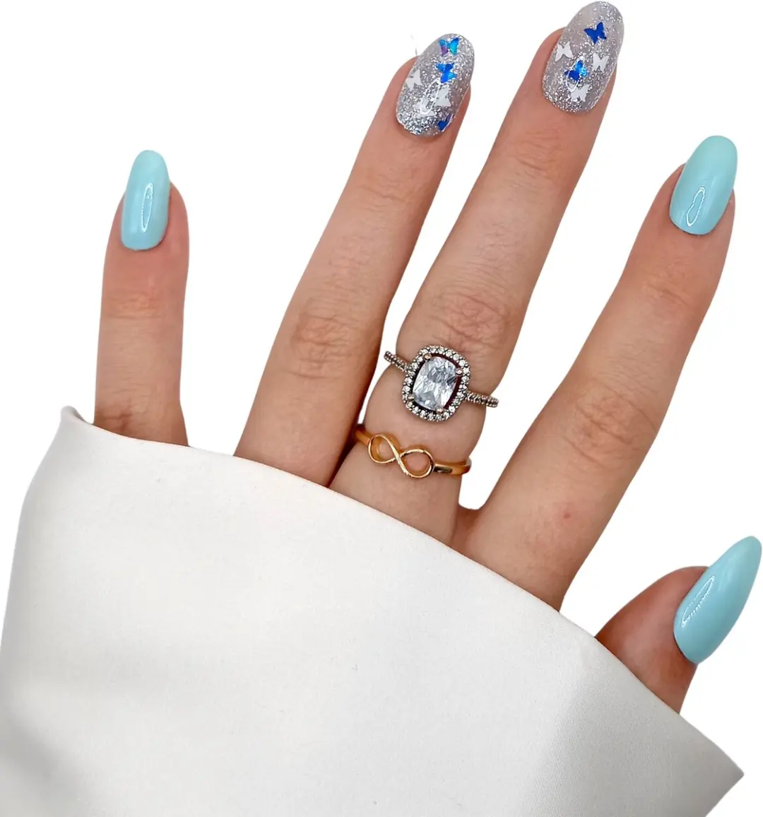 SD Press on Nails B-15 Plaknagels Blauw Zilver Vlinder - 20 Stuks