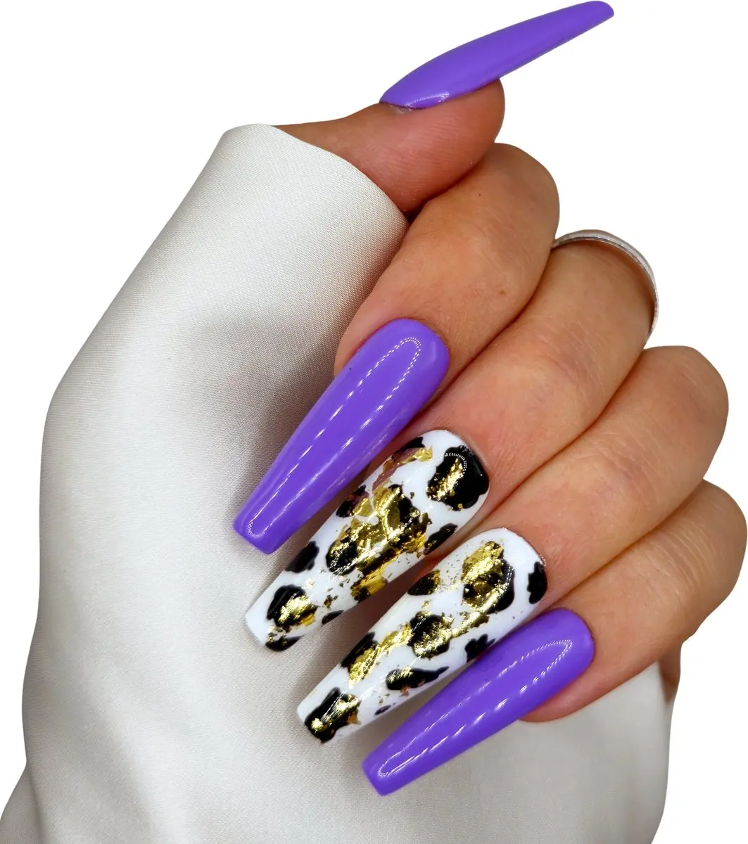SD Press on Nails Paars Cow Print XL Coffin Nepnagels