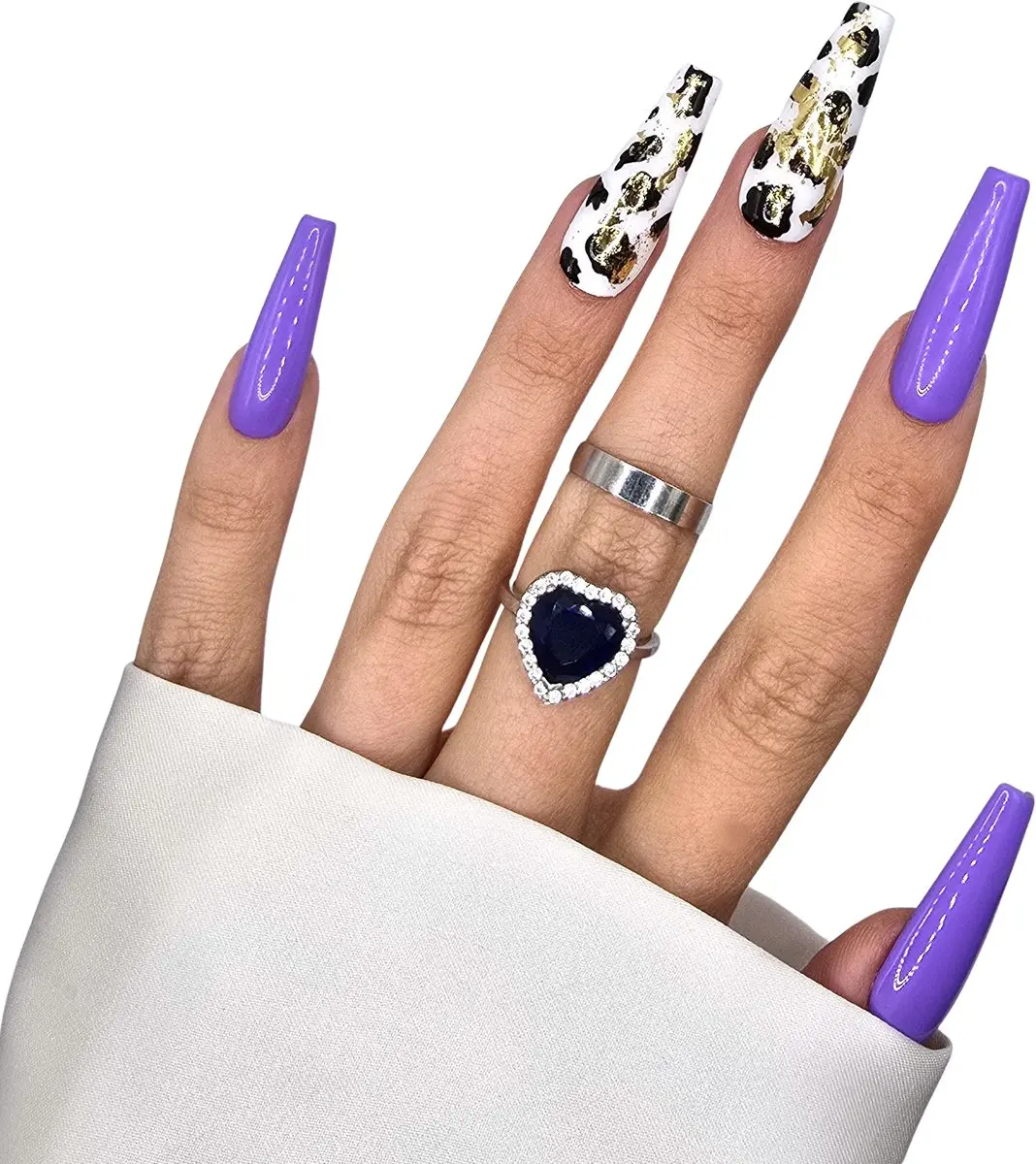SD Press on Nails Paars Cow Print XL Coffin Nepnagels - 20 Stuks