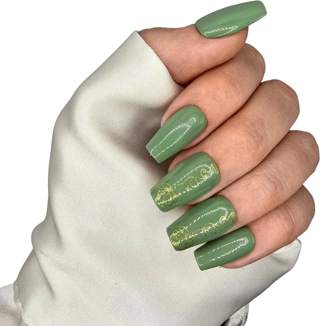 SD Press on Nails B-30 Medium Coffin Nagels - 20 Stuks - Groen/Goud