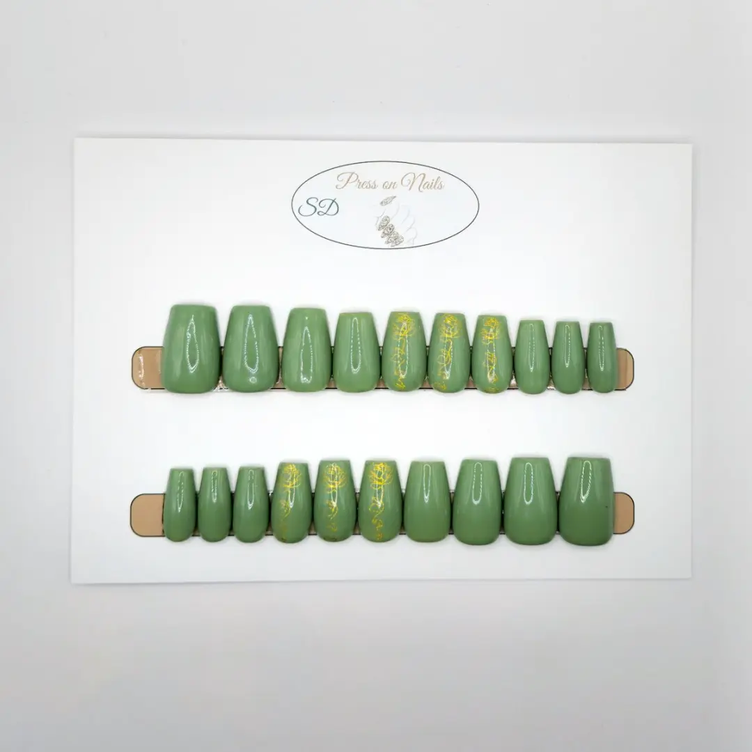 SD Press on Nails B-30 Medium Coffin Nagels - 20 Stuks - Groen/Goud