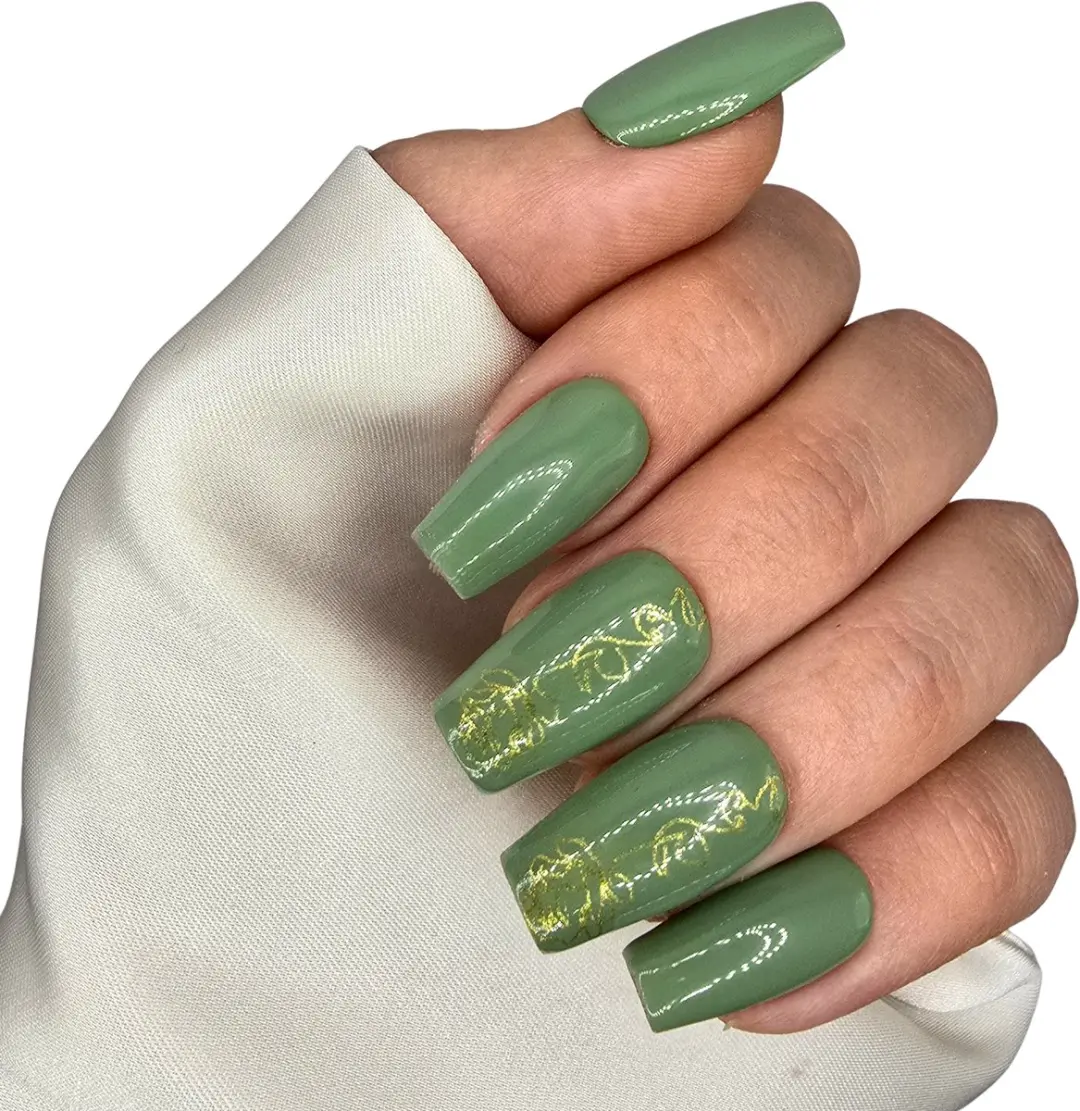 SD Press on Nails B-30 Medium Coffin Nagels - 20 Stuks - Groen/Goud