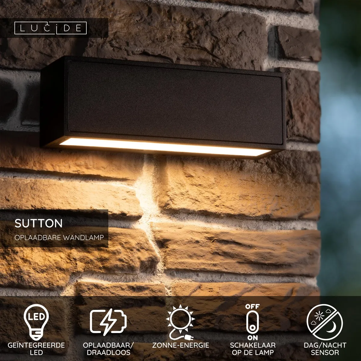 Lucide Sutton Wandlamp Zonne-energie LED 1.5W - Zwart