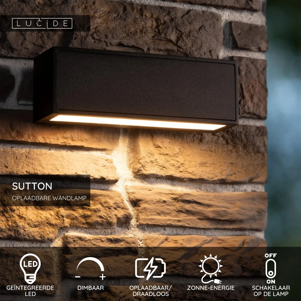 Lucide Sutton Wandlamp Zonne-energie LED 1.5W - Zwart