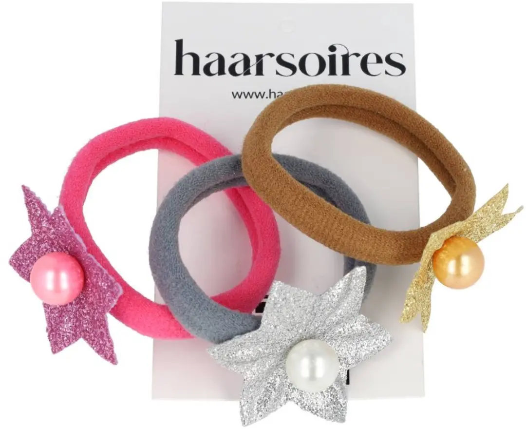 Haarsoires Haarelastieken Stervorm 4cm - Glitter Parel Grijs Roze Goud - 3 Stuks