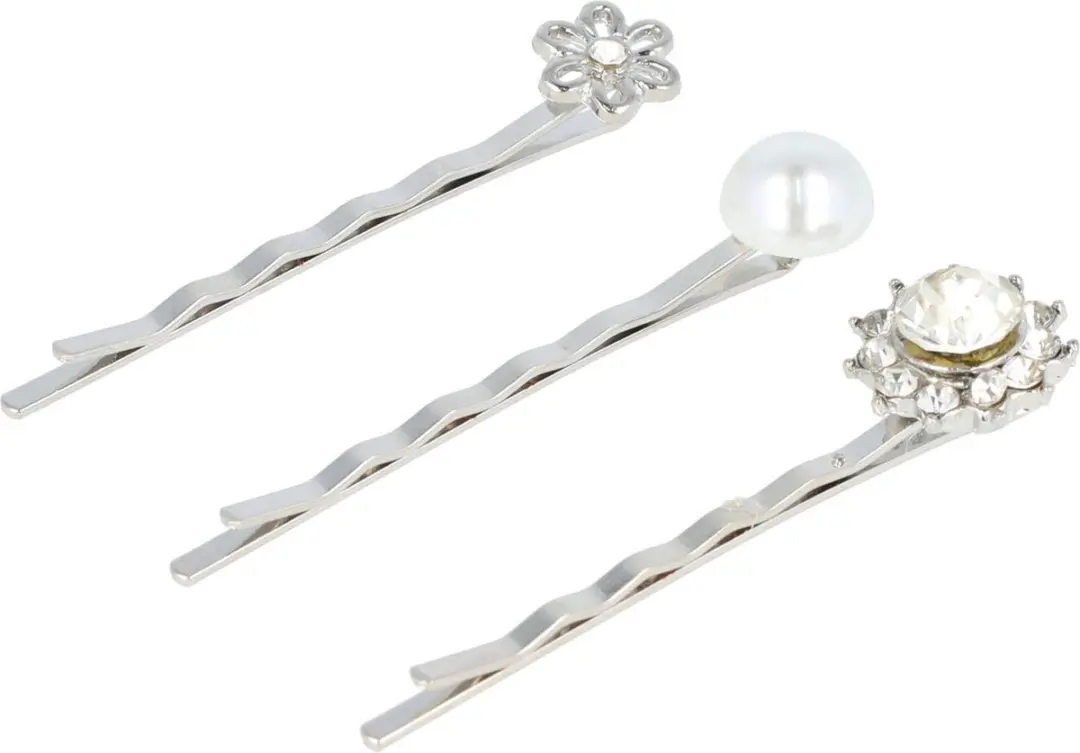 Haarsoires Schuifspeldjes 5cm - Bloem Parel Strass Zilver - 3 Stuks
