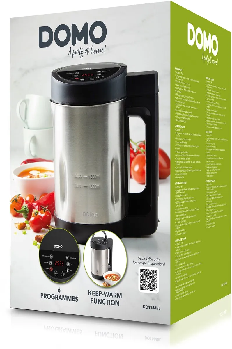 Domo DO1144BL Soepmaker 1050W - 1,6L - 6 Programma's - Inox/Zwart