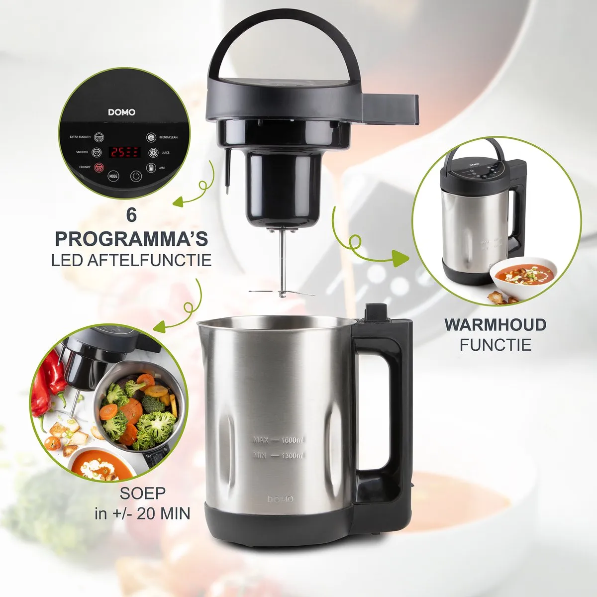Domo DO1144BL Soepmaker 1050W - 1,6L - 6 Programma's - Inox/Zwart