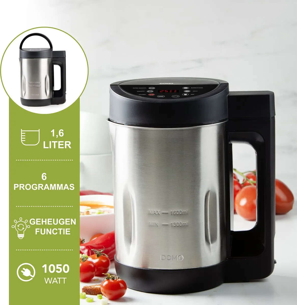 Domo DO1144BL Soepmaker 1050W - 1,6L - 6 Programma's - Inox/Zwart