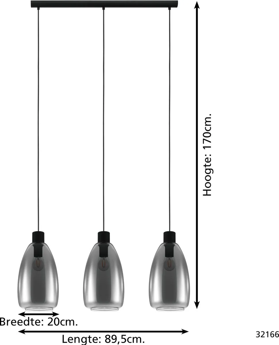 Eglo Chelvey Hanglamp E27 - 89,5 cm - Glas/Metalen - Zwart - afbeelding 6 van 6