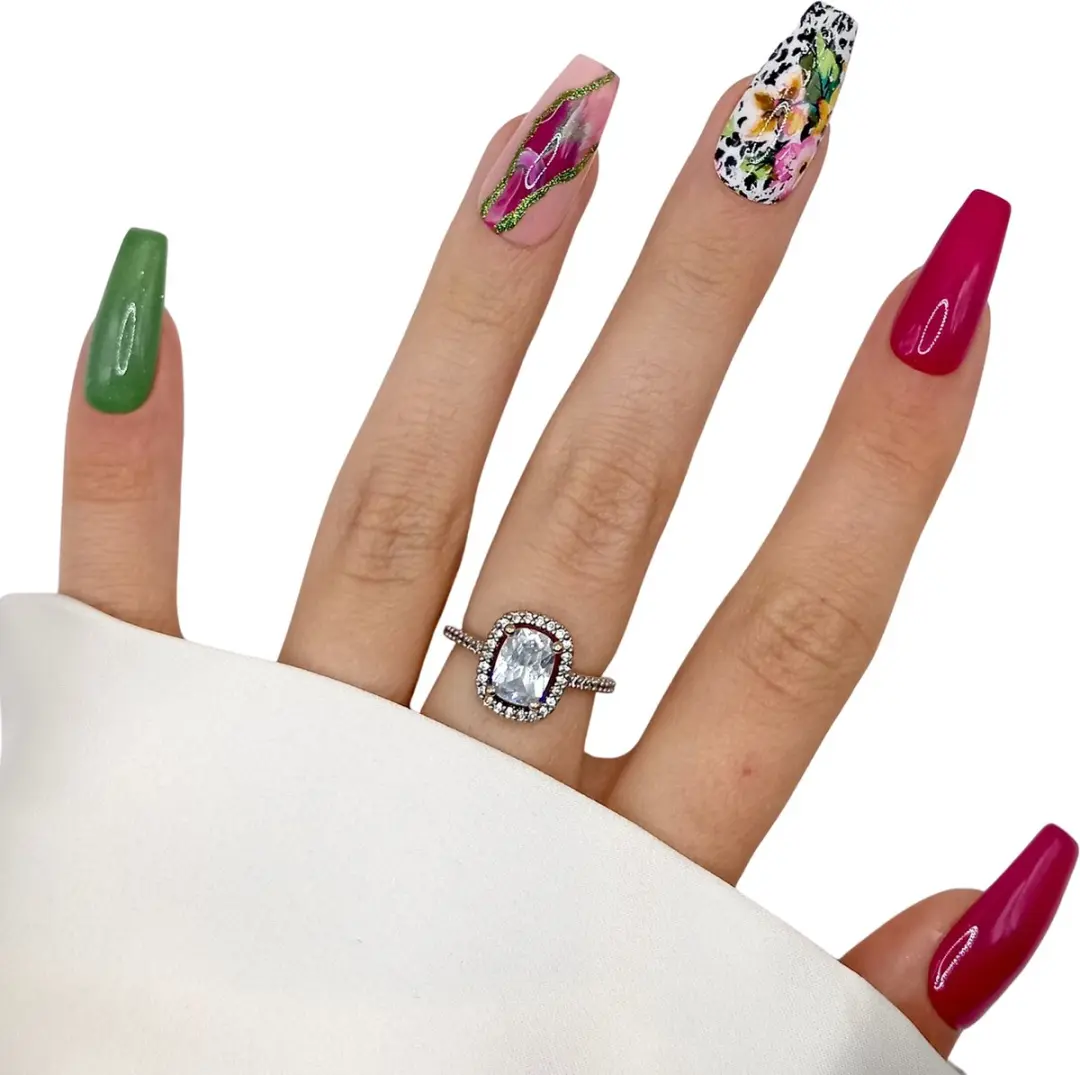 SD Press on Nails No. 31 Overdrive Plaknagels - Lang Coffin - Roze Groen - 20 Stuks