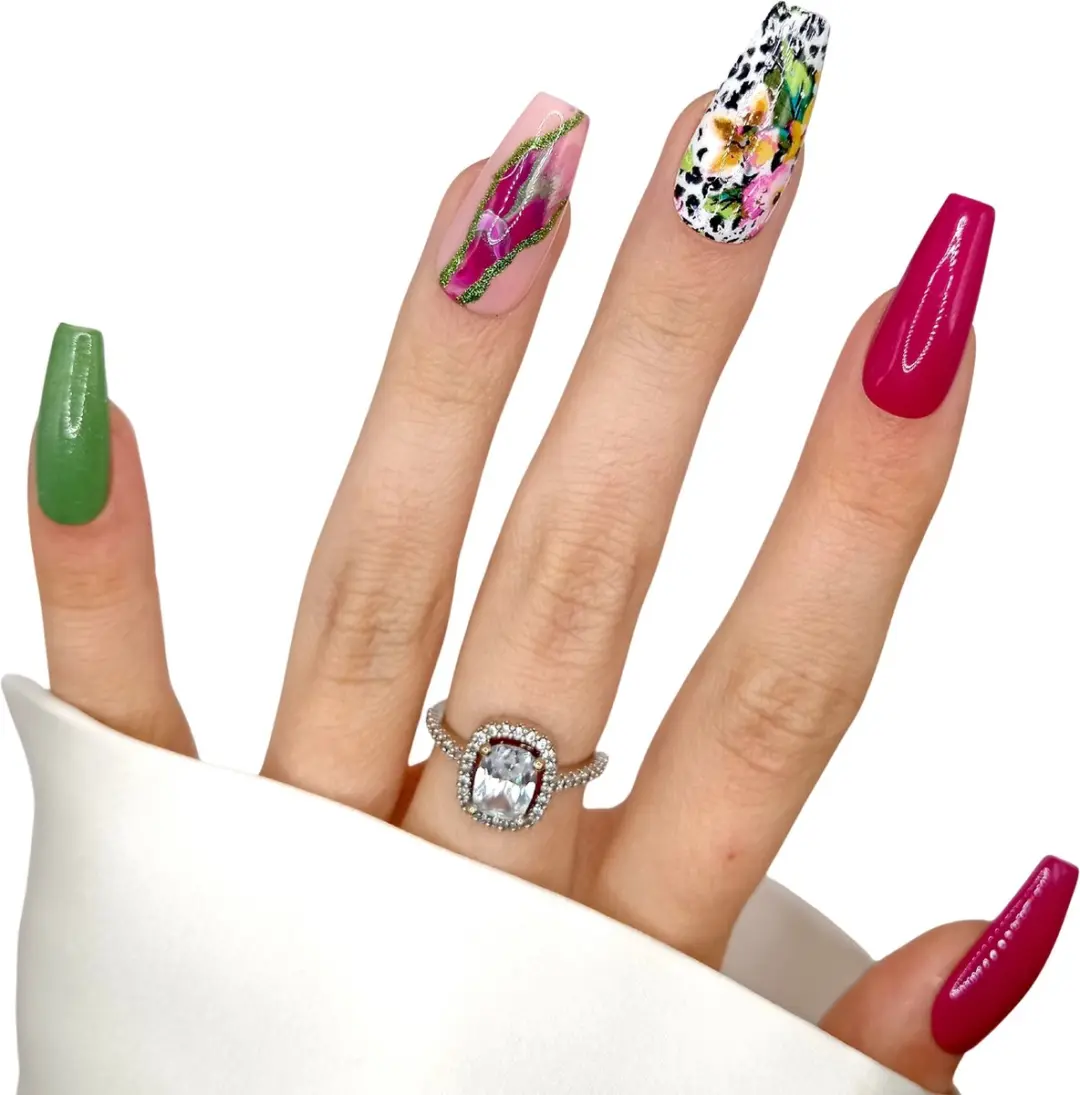 SD Press on Nails No. 31 Overdrive Plaknagels - Lang Coffin - Roze Groen - 20 Stuks