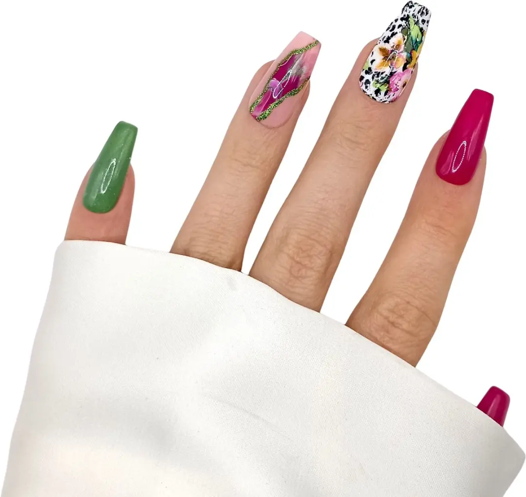 SD Press on Nails No. 31 Overdrive Plaknagels - Lang Coffin - Roze Groen - 20 Stuks