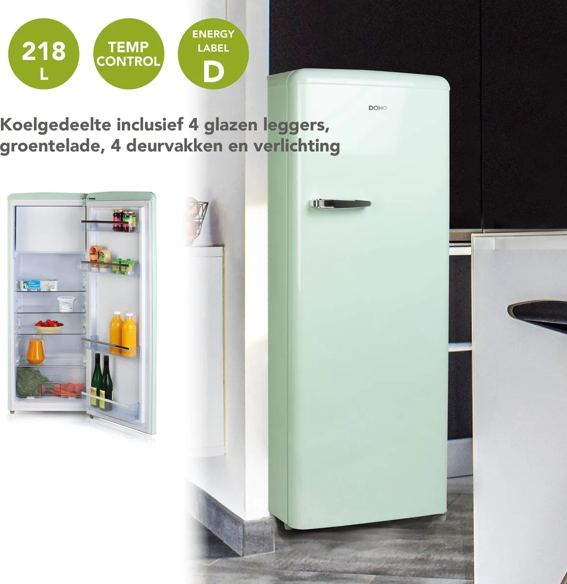 Domo DO91701R Retro Koelkast 218L - Muntgroen