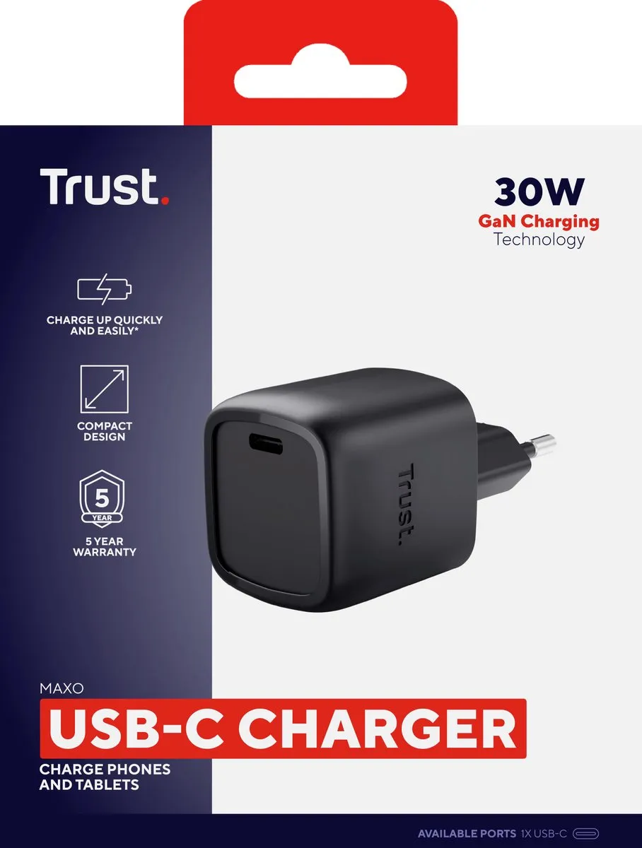 Trust Maxo 30W USB-C GaN Oplader - Zwart