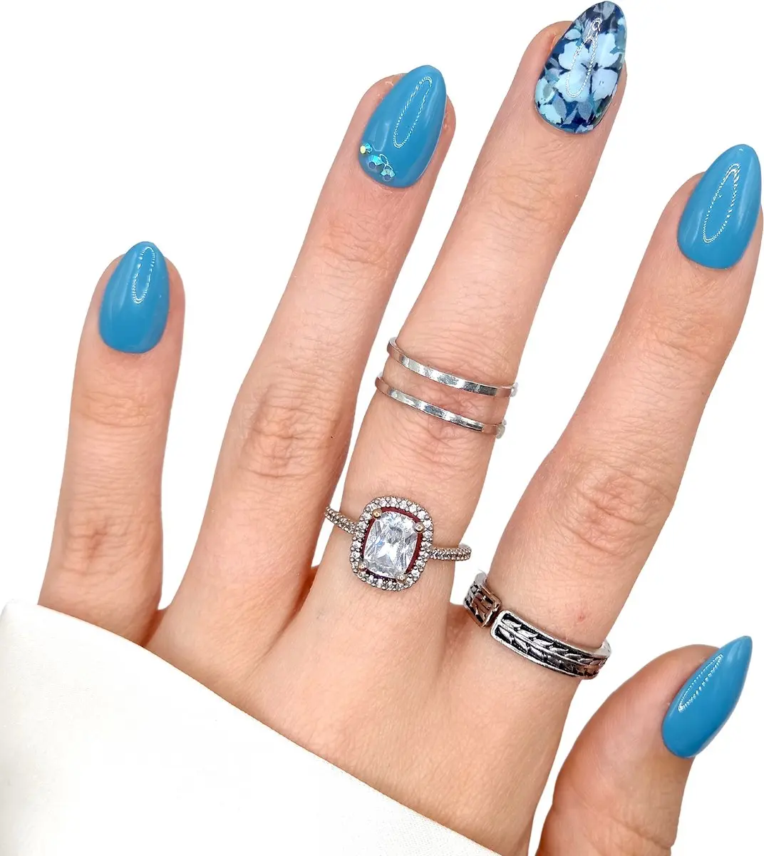 SD Press on Nails B-227 Plaknagels - 20 Stuks - XS Stiletto - Blauw Bloemen Steentjes