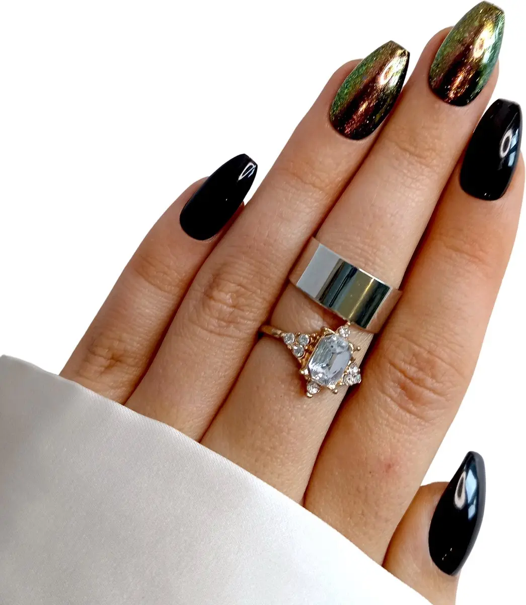SD Press on Nails B-27 Plaknagels - Medium Coffin Ballerina - Zwart/Rood/Chroom - 20 Stuks - afbeelding 6 van 6