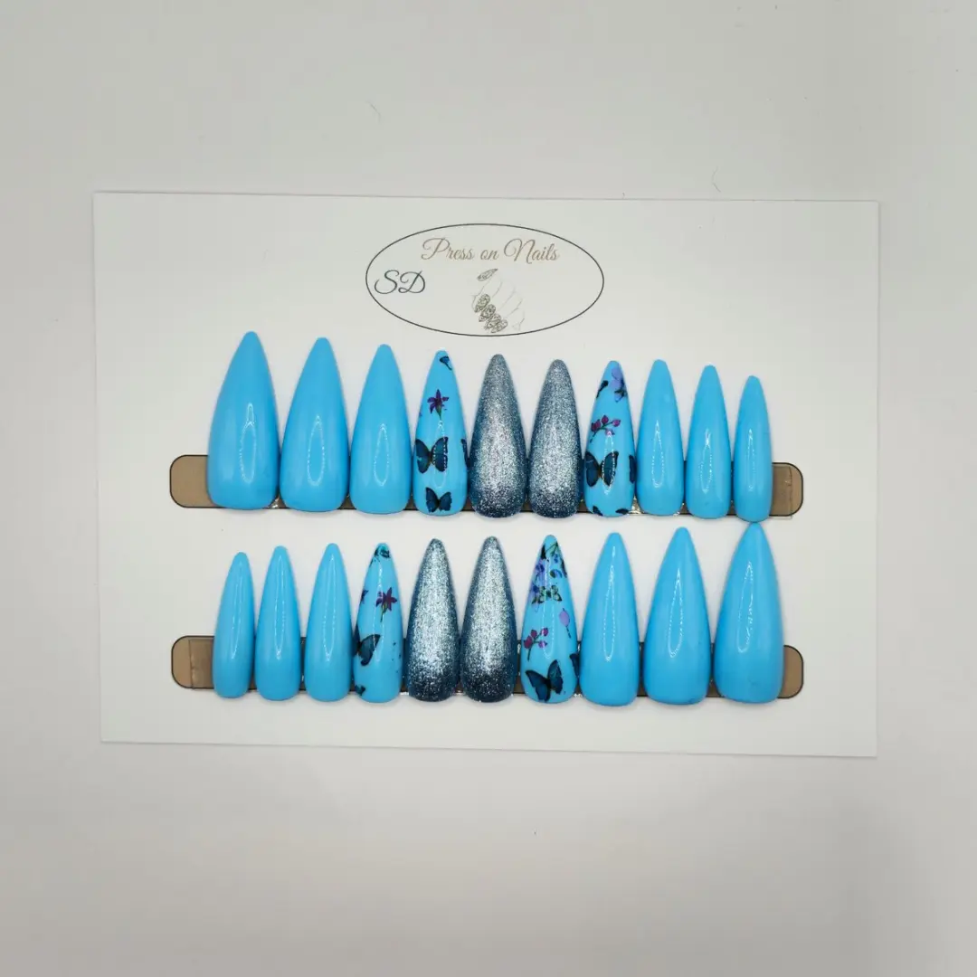 SD Press on Nails B-280 XL Stiletto Kunstnagels Blauw Glitter - 20 Stuks