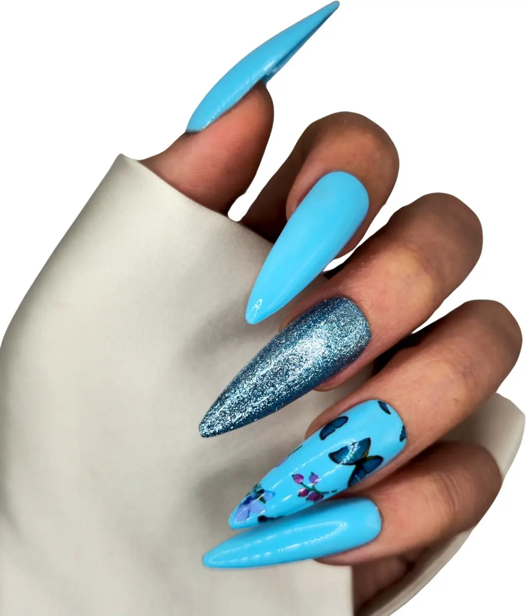 SD Press on Nails B-280 XL Stiletto Kunstnagels Blauw Glitter