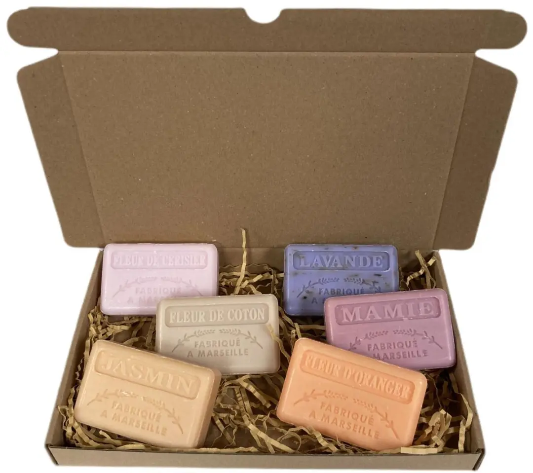 Savon de Marseille Geschenkset Zeep 6x125g - Kersenbloesem/Fleur de Coton/Jasmijn/Lavendel Scrub/Mamie/Sinaasappelbloesem