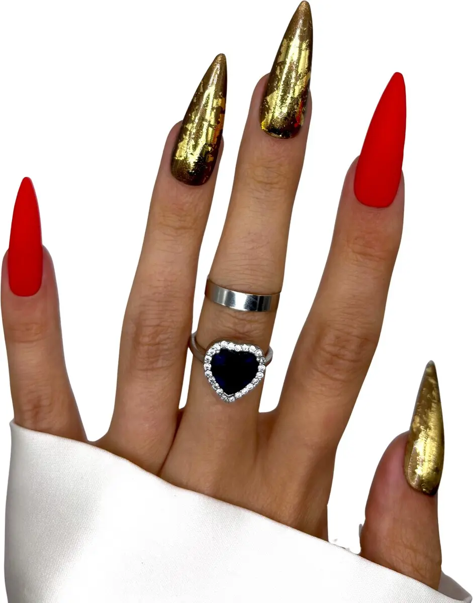 SD Press on Nails No. 55 Glamorous XL Stiletto Rood Goud - 20 Stuks
