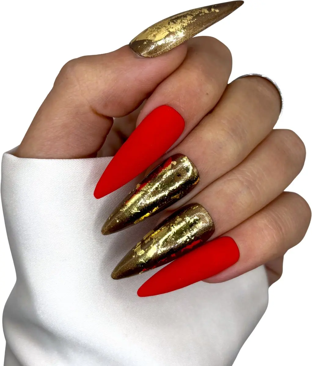 SD Press on Nails No. 55 Glamorous XL Stiletto Rood Goud