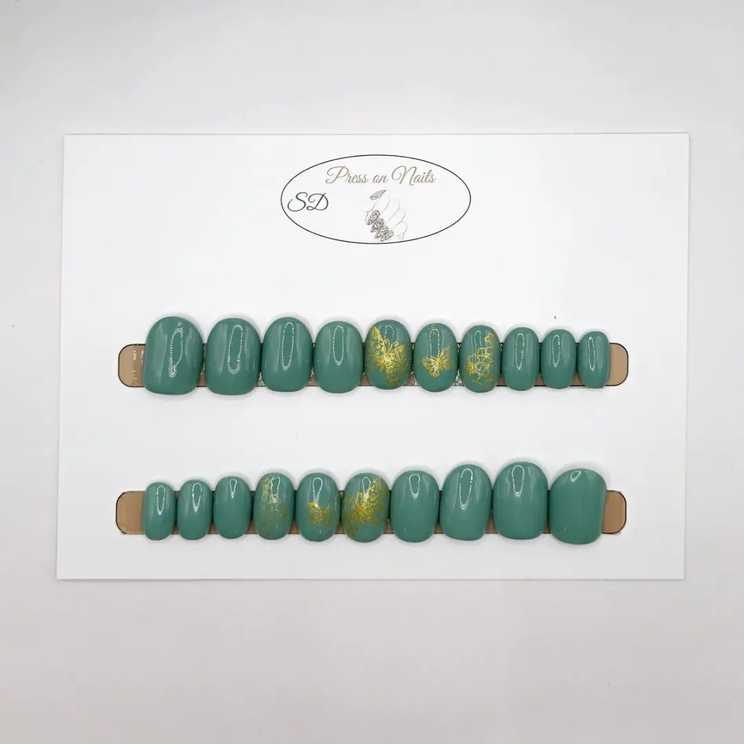 SD Press on Nails B-39 Plaknagels - 20 Stuks - Groengrijs Goud
