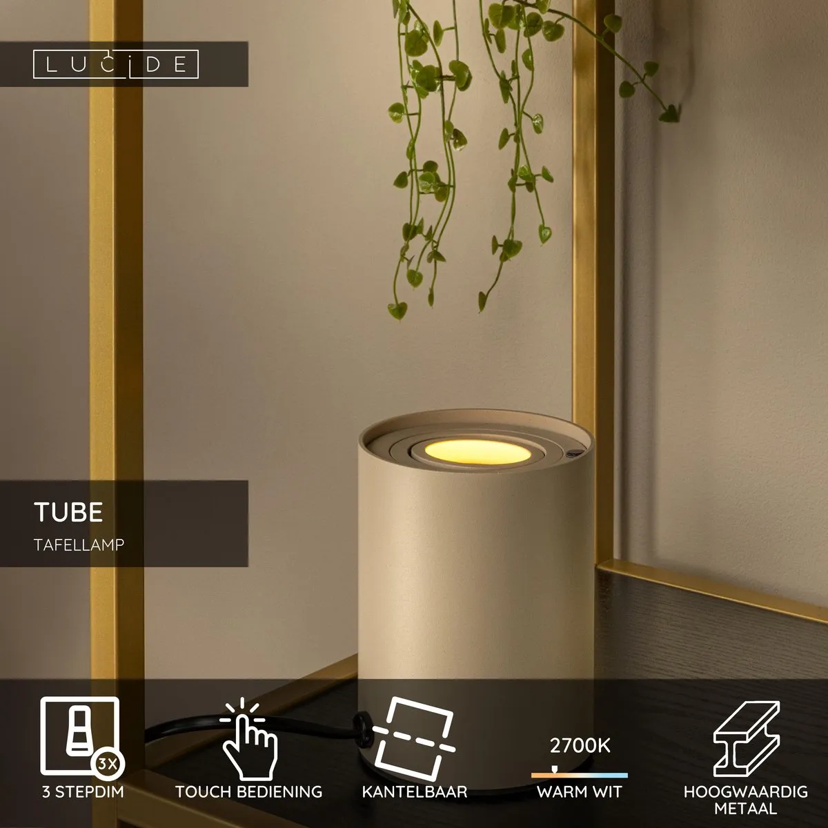 Lucide Tube Tafellamp Ø9,6cm LED 3 StepDim GU10 5W 2700K - Taupe