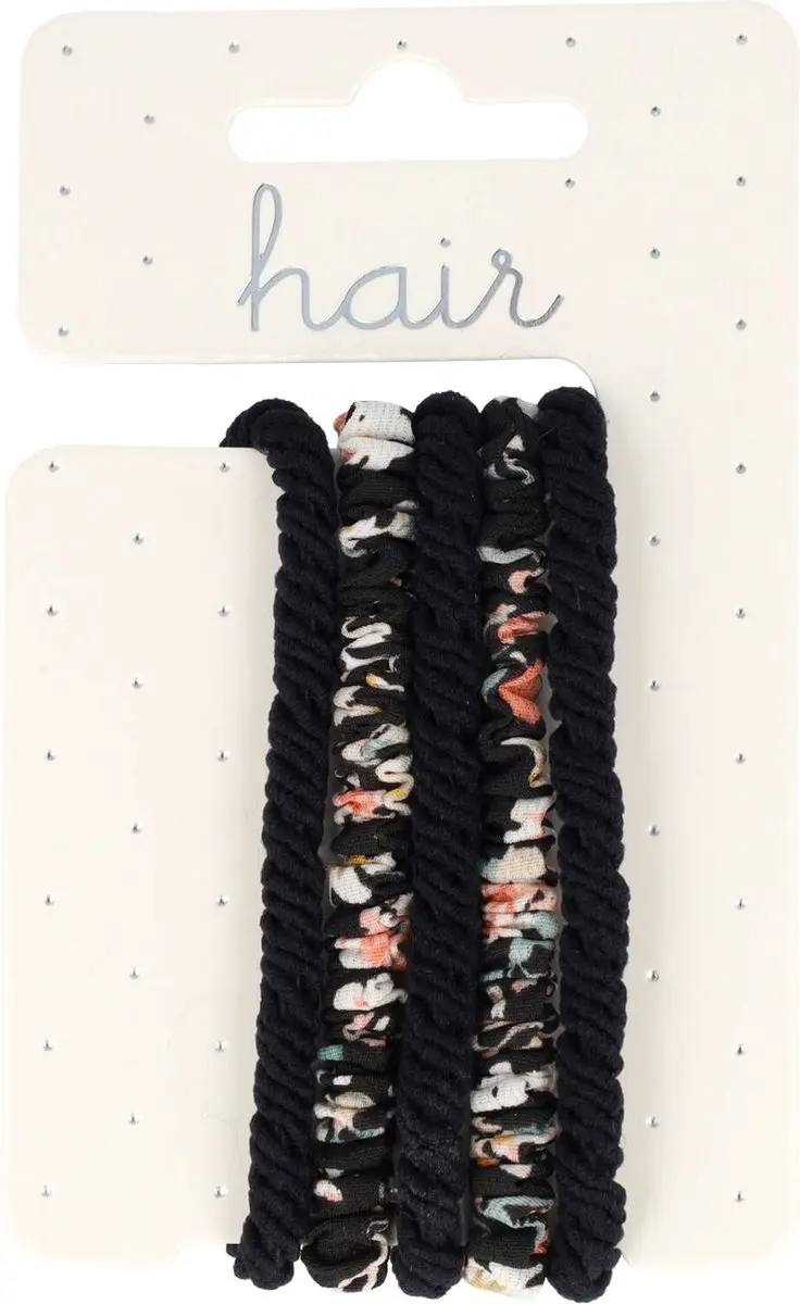 Haarsoires Haarelastieken Basic Ribbel Bloemenprint - Zwart - 5 Stuks