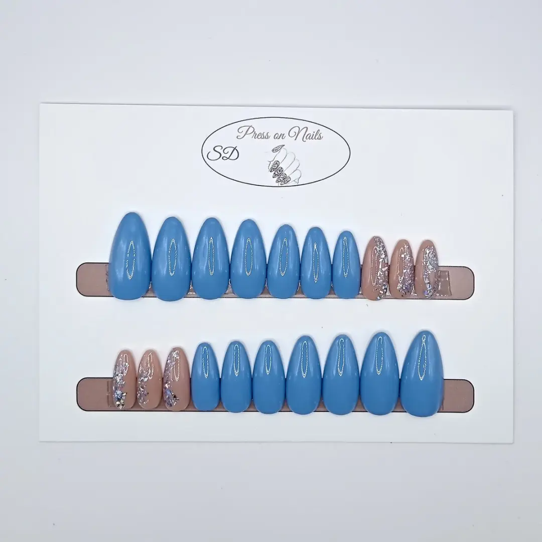 SD Press on Nails B-55 Plaknagels - 20 Stuks - Blauwpaars Glitter