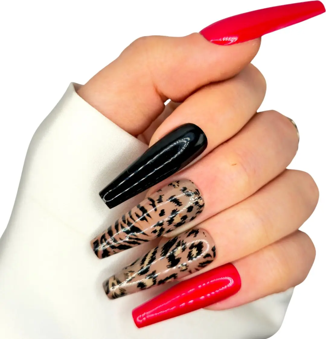 SD Press on Nails B-86 Plaknagels - 20 Stuks - Rood/Zwart/Leopard - XL Coffin