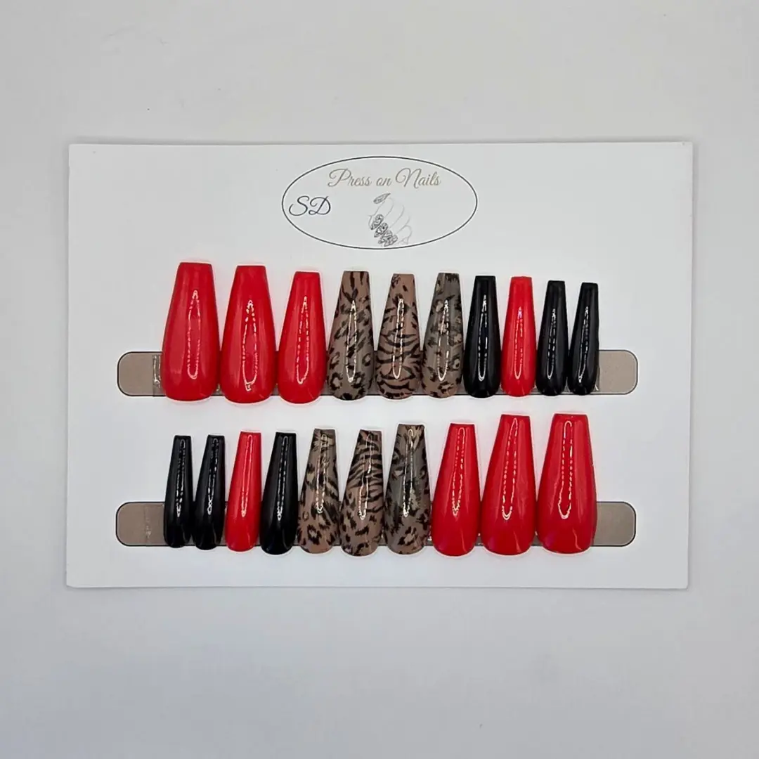 SD Press on Nails B-86 Plaknagels - 20 Stuks - Rood/Zwart/Leopard - XL Coffin