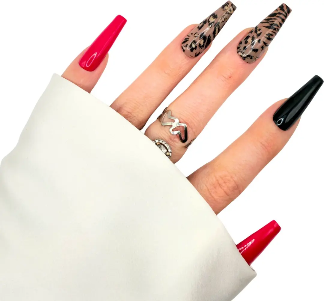 SD Press on Nails B-86 Plaknagels - 20 Stuks - Rood/Zwart/Leopard - XL Coffin