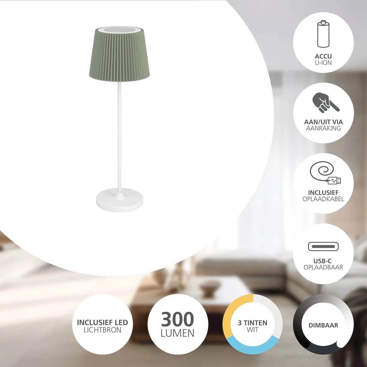 Eglo Leonero Oplaadbare LED Tafellamp - 37cm - Wit/Groen