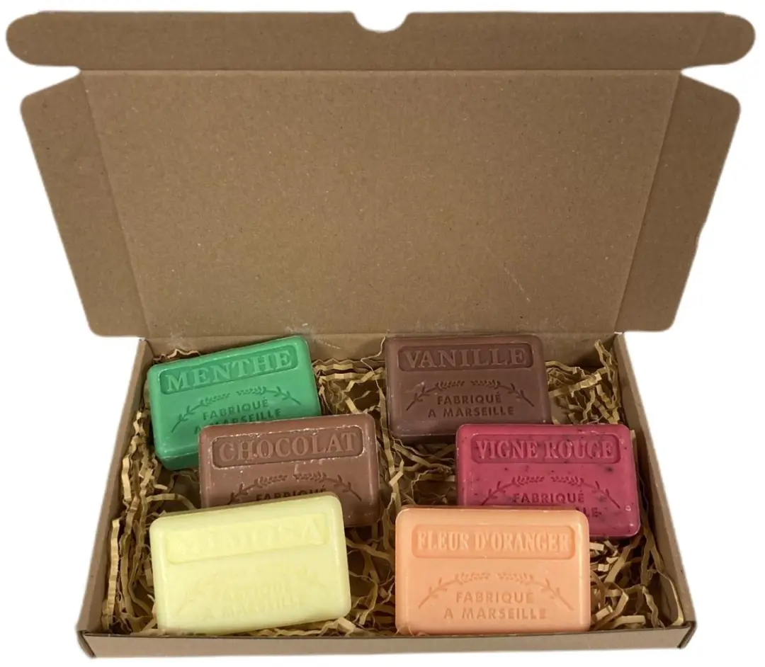 Savon de Marseille Geschenkset 6x125g - Chocolade/Vanille/Menthe/Vigne Rouge/Sinaasappelbloesem/Mimosa