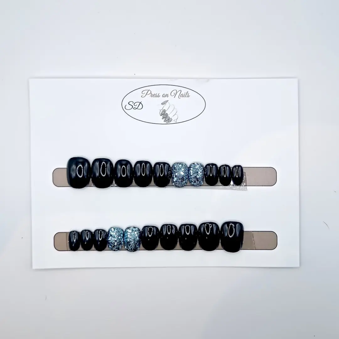 SD Press on Nails B-138 Plaknagels - 20 Stuks - Zwart Blauw Glitter