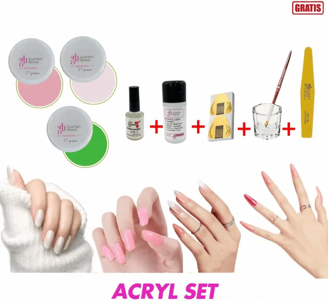 Guardian Beauty Acrylpoeder Set 3 Kleuren - 81ml - Flamingo Roze/Transparant/Limegroen