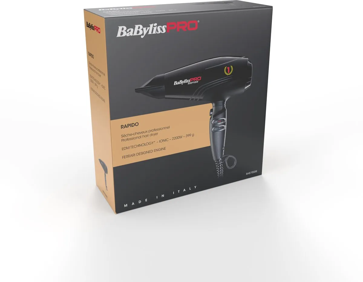 BaByliss Pro Rapido BAB7000IE Föhn - 2200W - 12 standen - Zwart