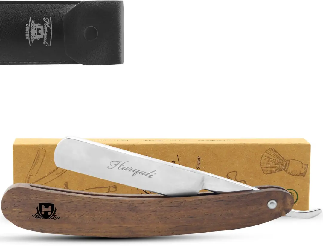 Haryali London Klassiek Scheermes Rechte Rand - Houten Handvat - Dark Brown