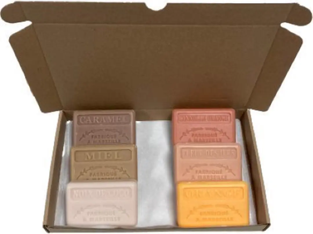 Savon de Marseille Zeepset - 6 Stuks (125g) - Caramel/Honing/Kokos/Kaneel-Sinaasappel/Fleur de Iles/Sinaasappel